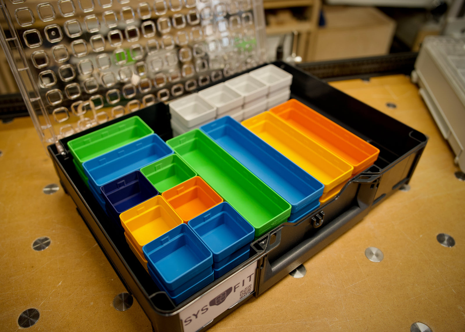 50 mm full-height SYS-ORG bins in standard Tanos colors, Systainer³ Organizer grid.
