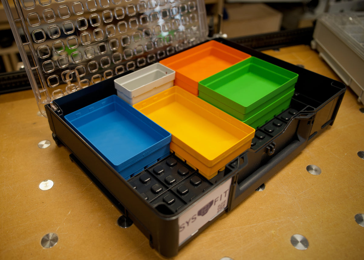 100 mm half-height SYS-ORG bins in standard Tanos colors, Systainer³ Organizer grid.