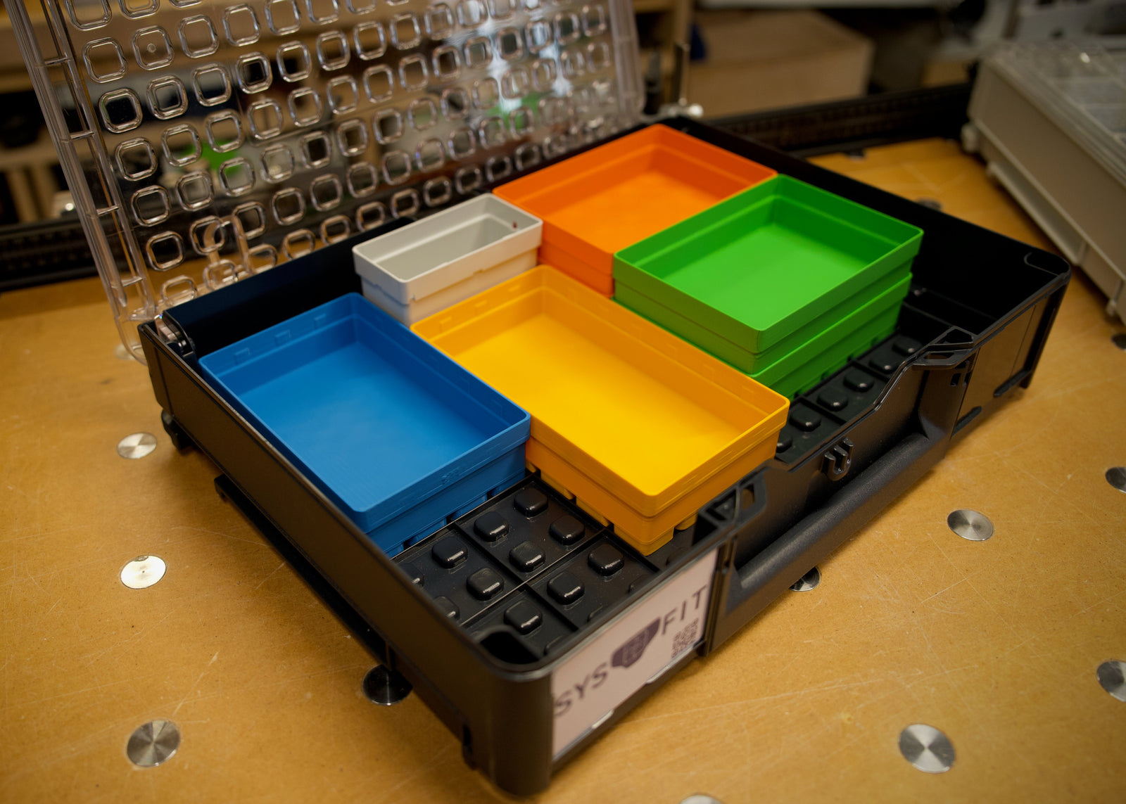 100 mm half-height SYS-ORG bins in standard Tanos colors, Systainer³ Organizer grid.