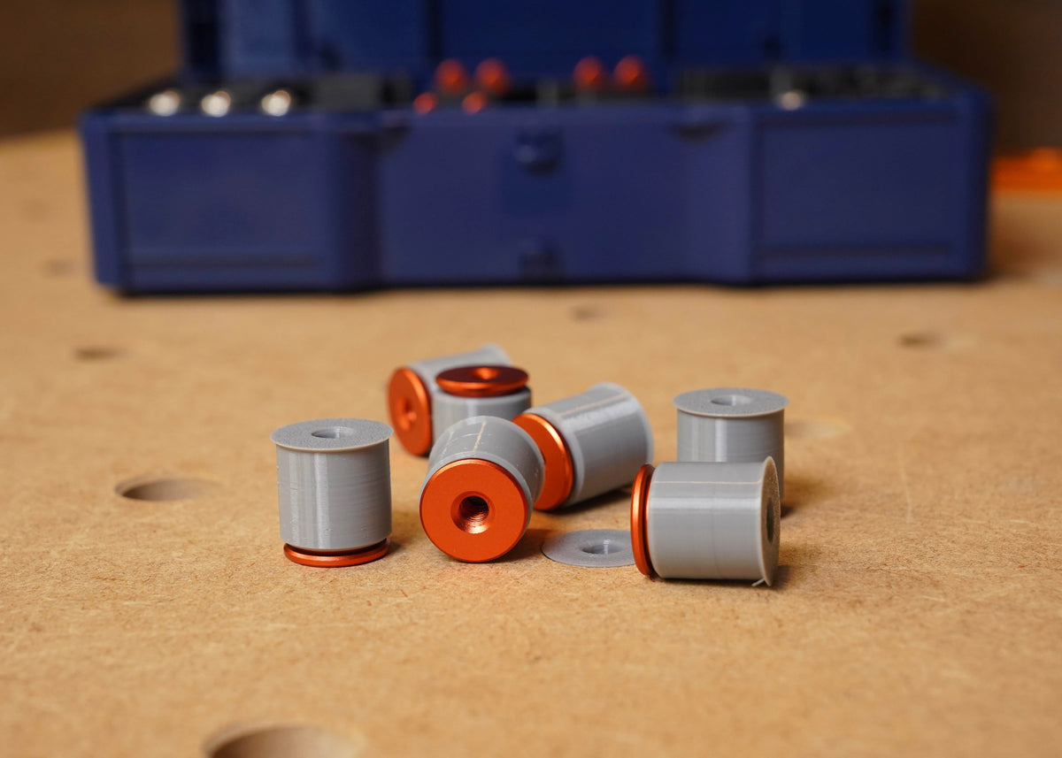 AnchorDog in a 20mm bench dog hole — top-side fastening for SYS-GRP.