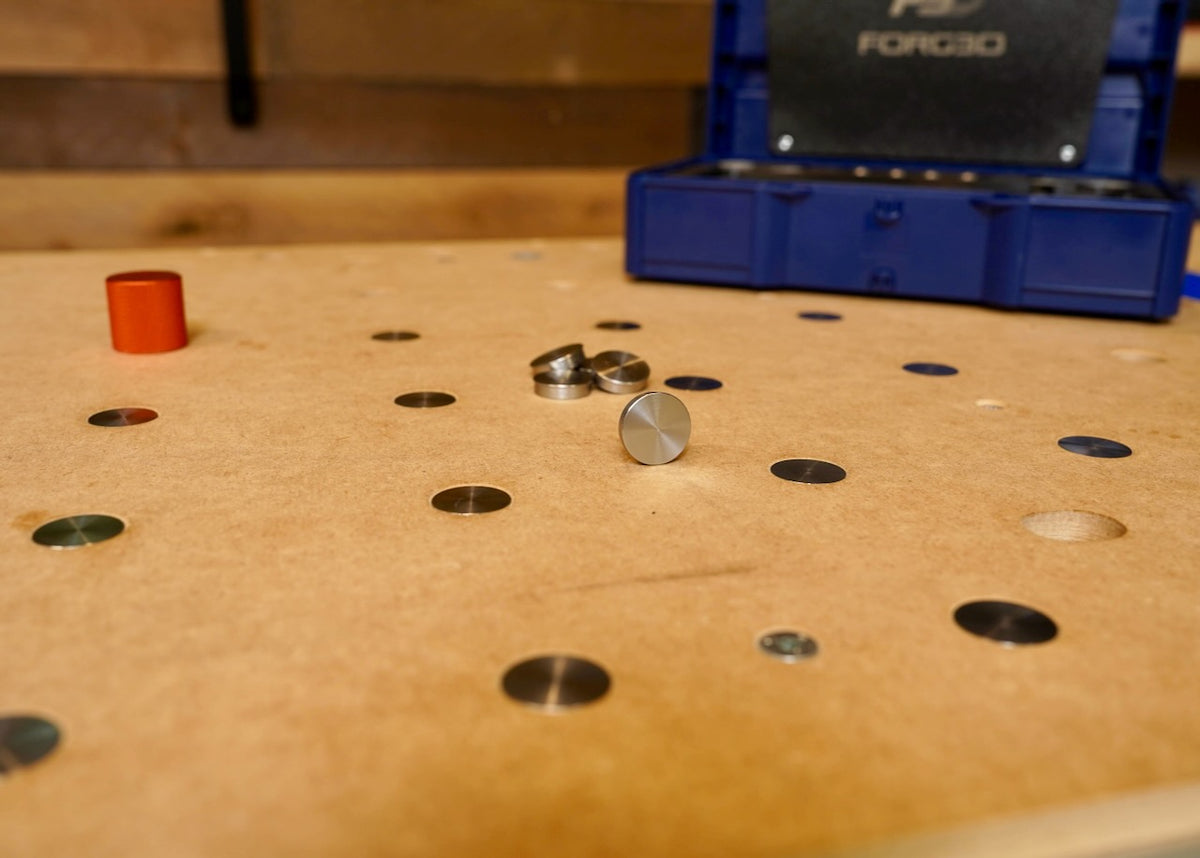 AnchorPlugs in a 20mm MFT bench — magnetic stainless, rattle-free, topside removal.